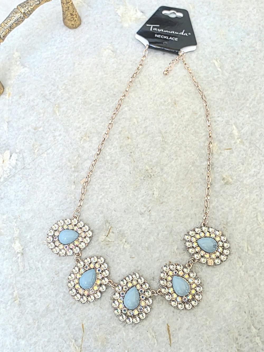 Taramanda Statement Necklace Light Blue Teardrop Stones Crystal Halo.